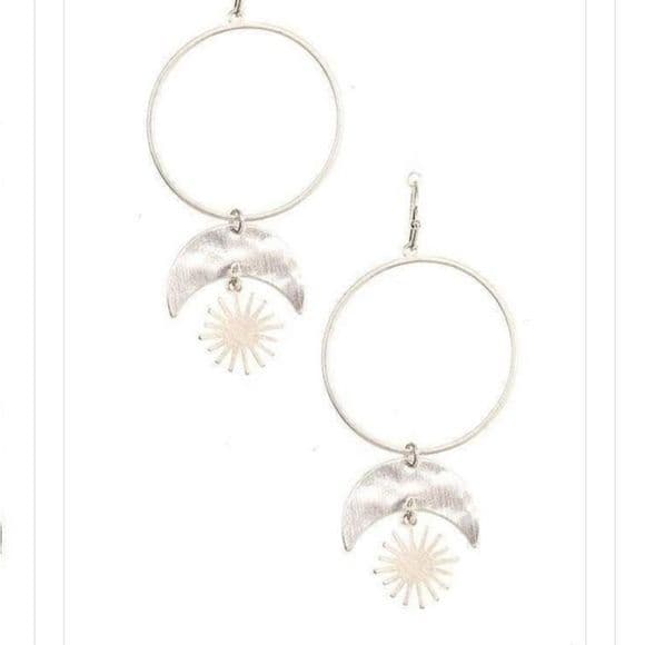 Sun and Moon Round Circle Link Dangle Earrings Silver or Rose Gold - Thumbnail 11