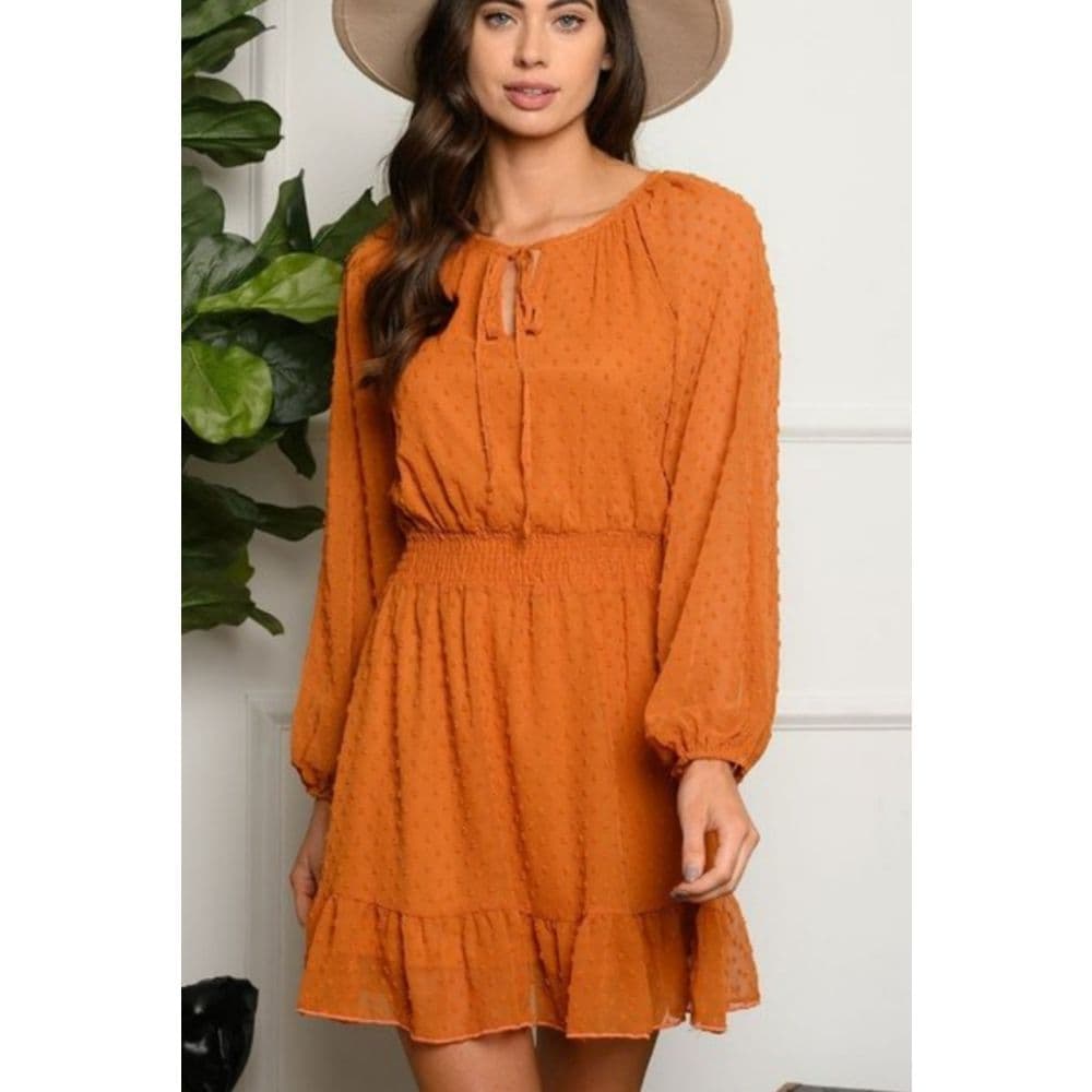 Rust Swiss Dot Key Hole Long Sleeve Dress