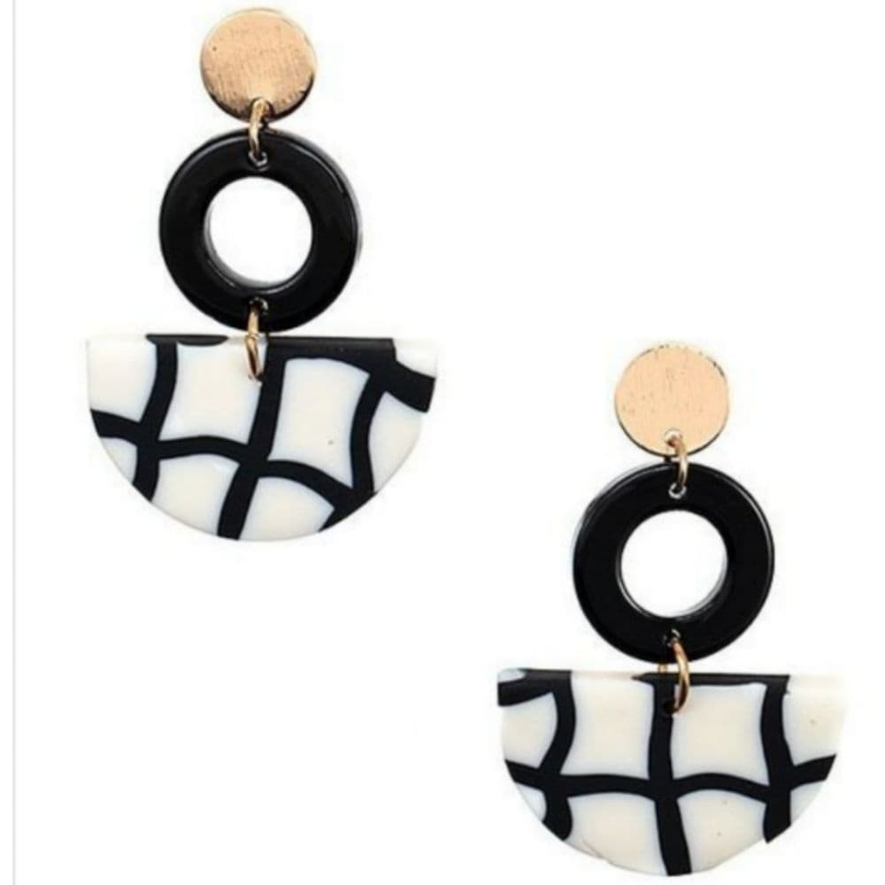 Black And White Plaid Funky Clay and Metal Dangle Statement Earrings