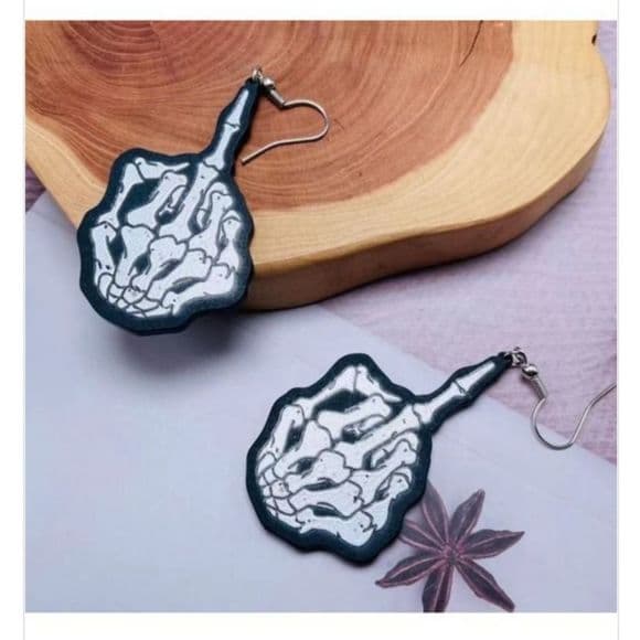 Large Middle Finger Skull Hands Skeleton Earrings - Thumbnail 4