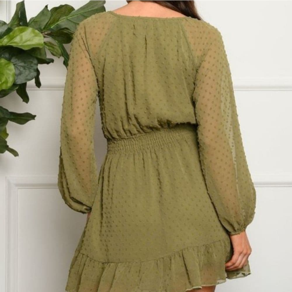Rust Swiss Dot Key Hole Long Sleeve Dress - Thumbnail 3