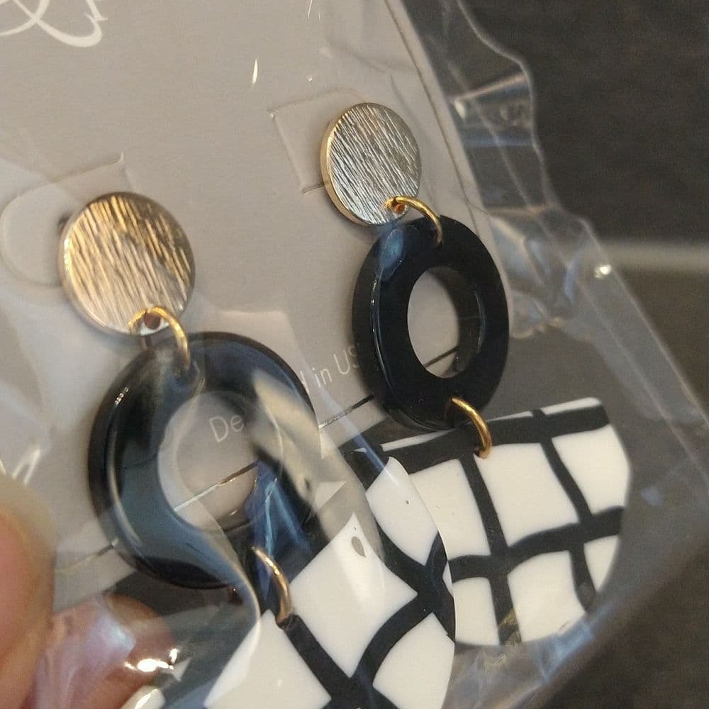 Black And White Plaid Funky Clay and Metal Dangle Statement Earrings - Thumbnail 6