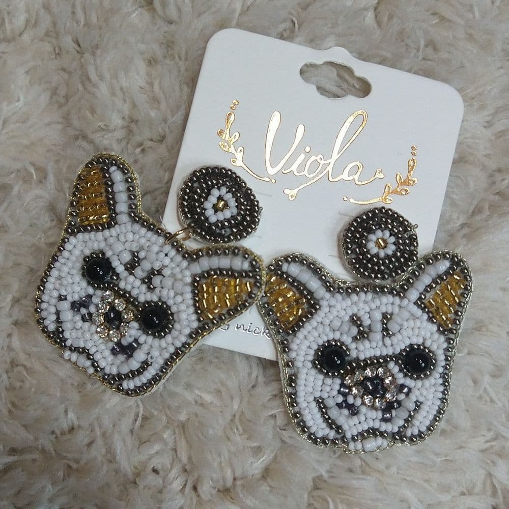 Seed Bead "Olivia" the French Bull Dog Dangle Earrings - Thumbnail 5