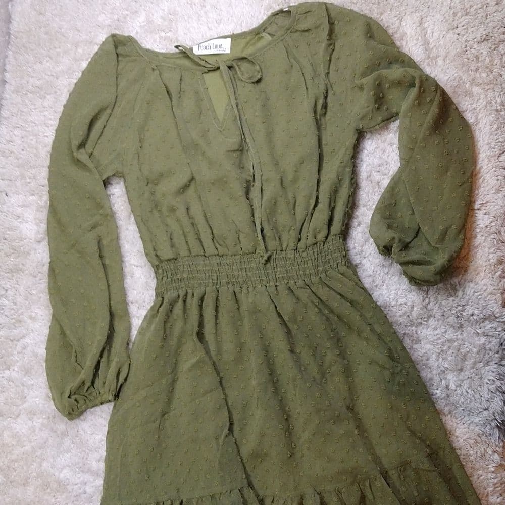 Green Swiss Dot Key Hole Long Sleeve Dress - Thumbnail 5