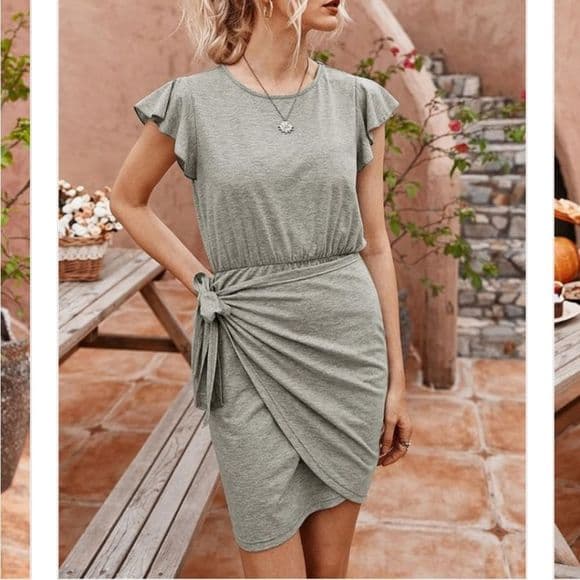 Cute and Casual Soft Stretchy Faux Wrap Ruffle Sleeve Dress - Thumbnail 13