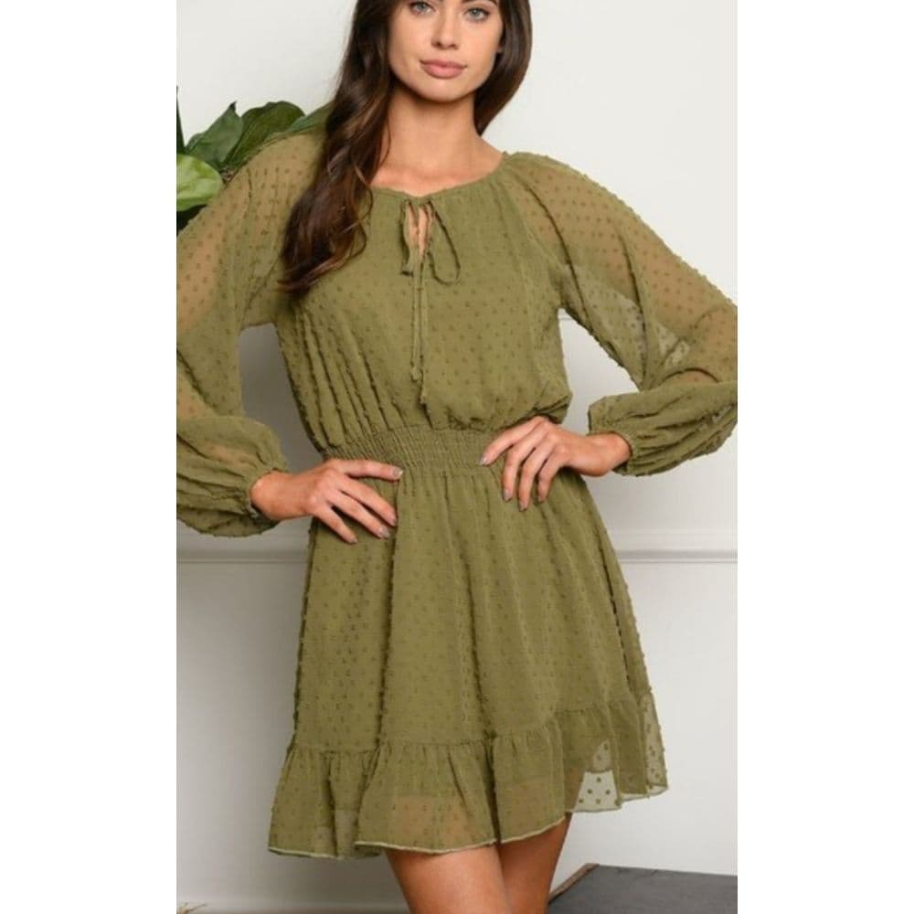 Green Swiss Dot Key Hole Long Sleeve Dress