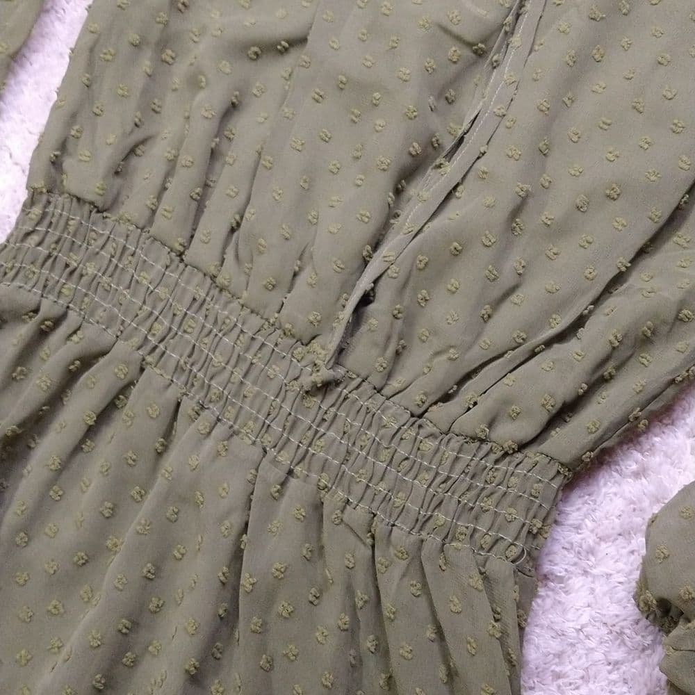 Green Swiss Dot Key Hole Long Sleeve Dress - Thumbnail 7