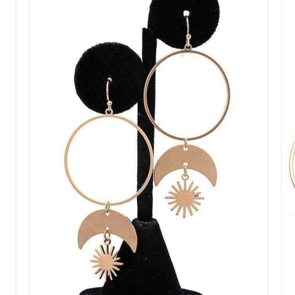 Sun and Moon Round Circle Link Dangle Earrings Silver or Rose Gold - Thumbnail 3