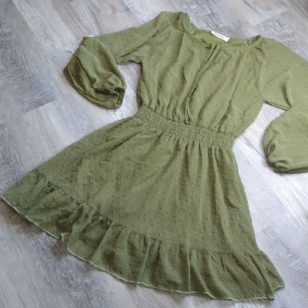 Green Swiss Dot Key Hole Long Sleeve Dress - Thumbnail 4