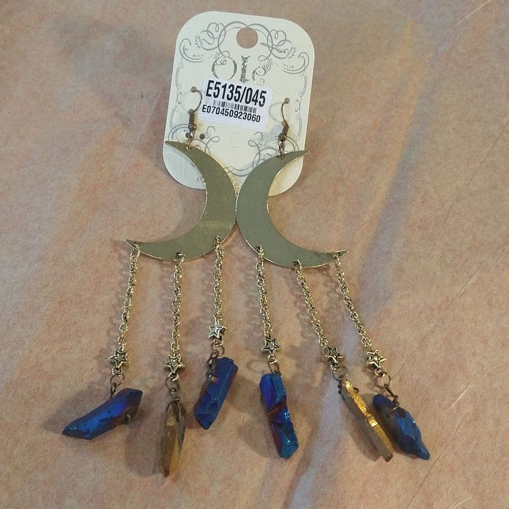 Oversized Dangle Moon and Star Tassel Coloured Quarts Dangle Earrings - Thumbnail 2