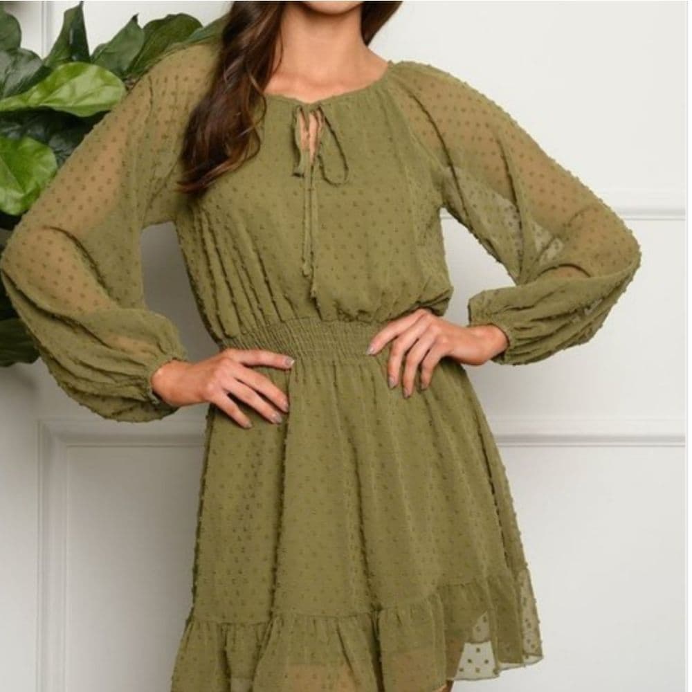 Green Swiss Dot Key Hole Long Sleeve Dress - Thumbnail 3