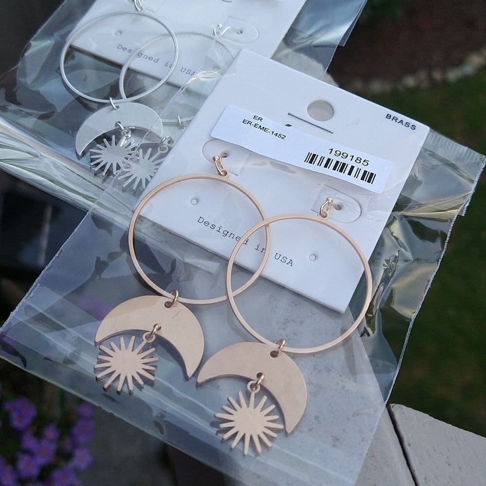 Sun and Moon Round Circle Link Dangle Earrings Silver or Rose Gold