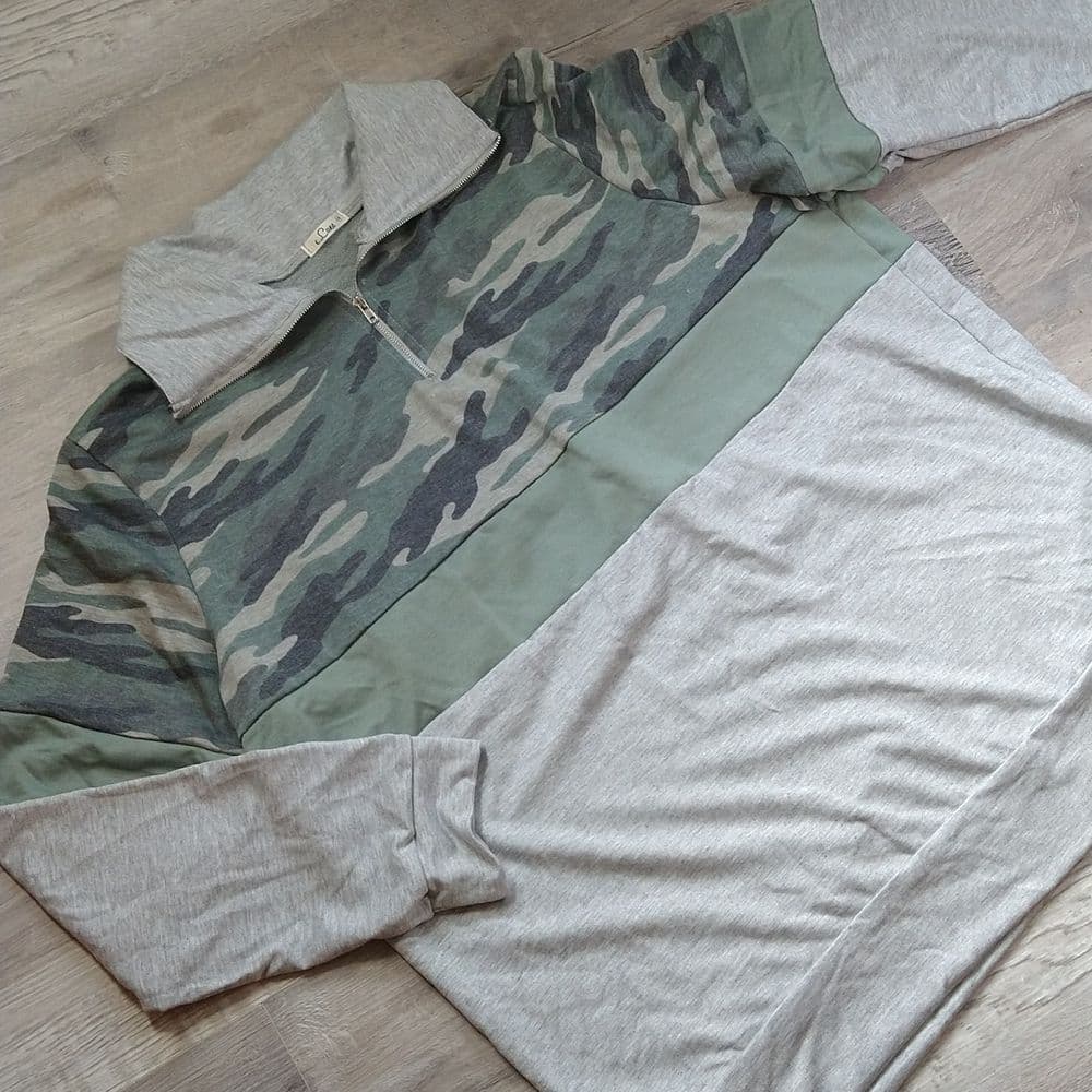 Plus Size Light Weight Color Block Pullover Green Camo Gray - Thumbnail 7