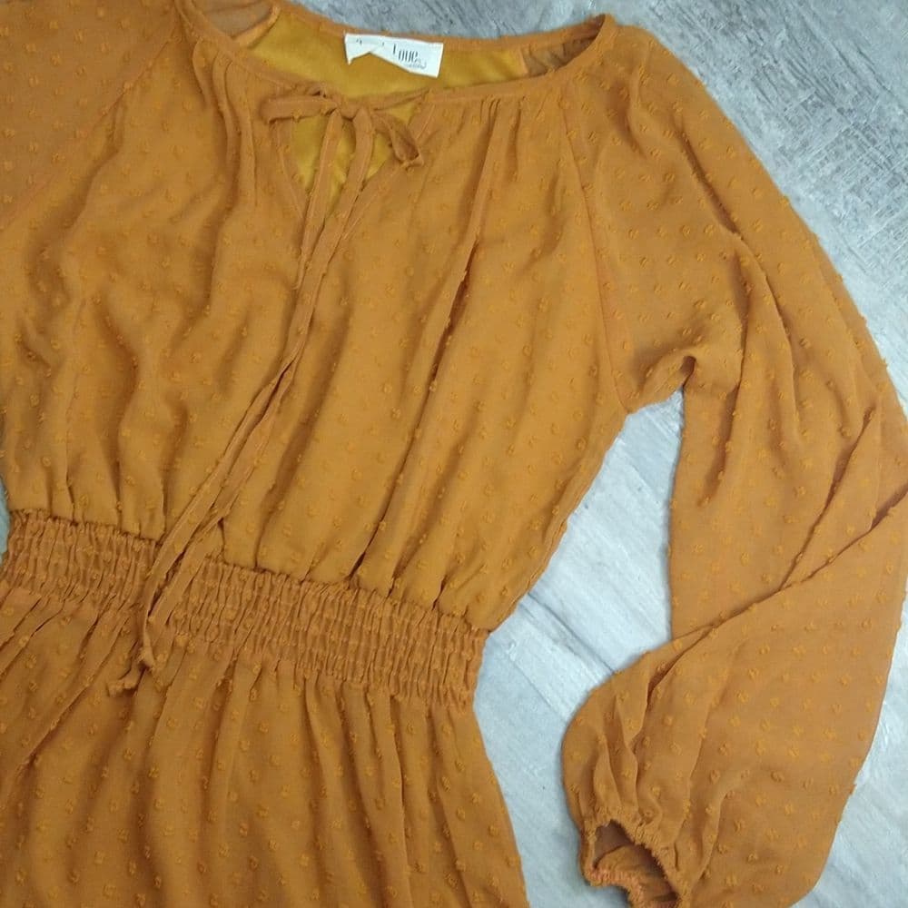 Rust Swiss Dot Key Hole Long Sleeve Dress - Thumbnail 7