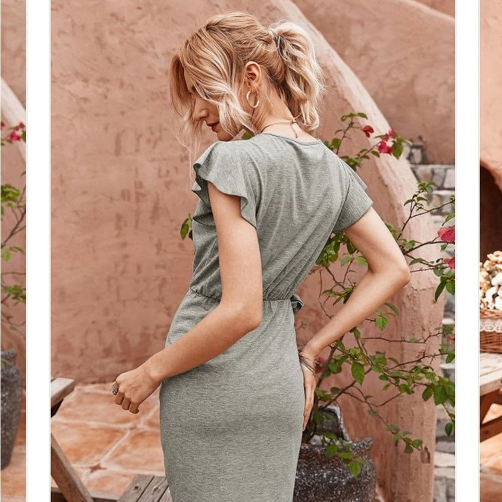 Cute and Casual Soft Stretchy Faux Wrap Ruffle Sleeve Dress - Thumbnail 2