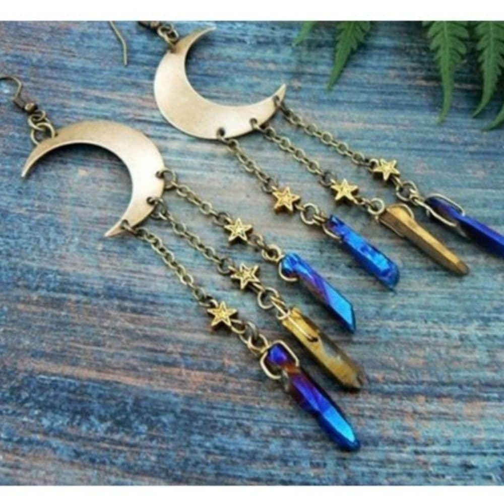 Oversized Dangle Moon and Star Tassel Coloured Quarts Dangle Earrings