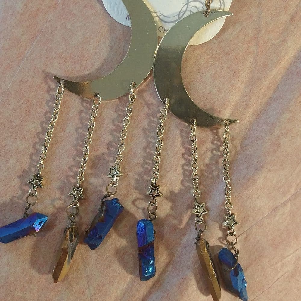 Oversized Dangle Moon and Star Tassel Coloured Quarts Dangle Earrings - Thumbnail 3