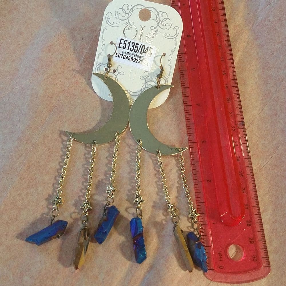 Oversized Dangle Moon and Star Tassel Coloured Quarts Dangle Earrings - Thumbnail 4