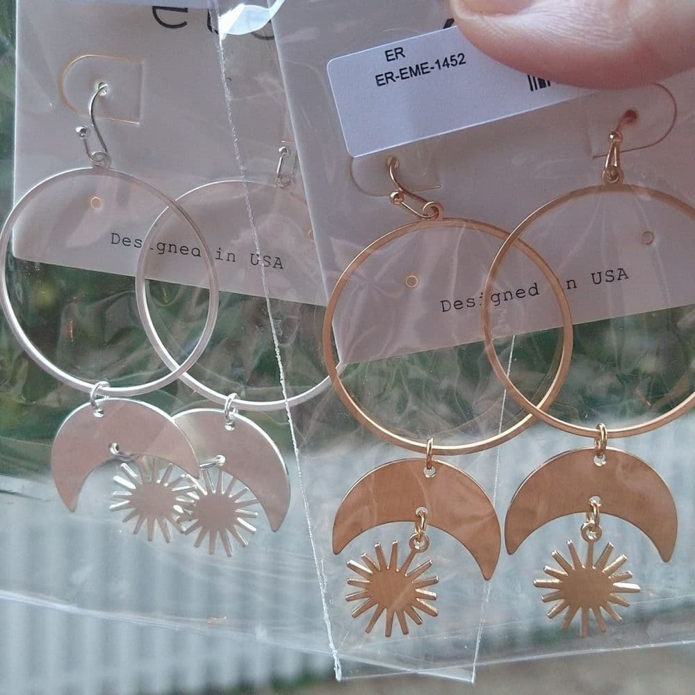 Sun and Moon Round Circle Link Dangle Earrings Silver or Rose Gold - Thumbnail 6