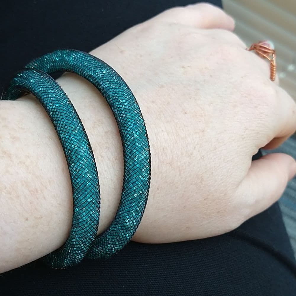 15" Teal Mesh Crystal Wrap Bracelet with Magnetic Clasp - Thumbnail 6