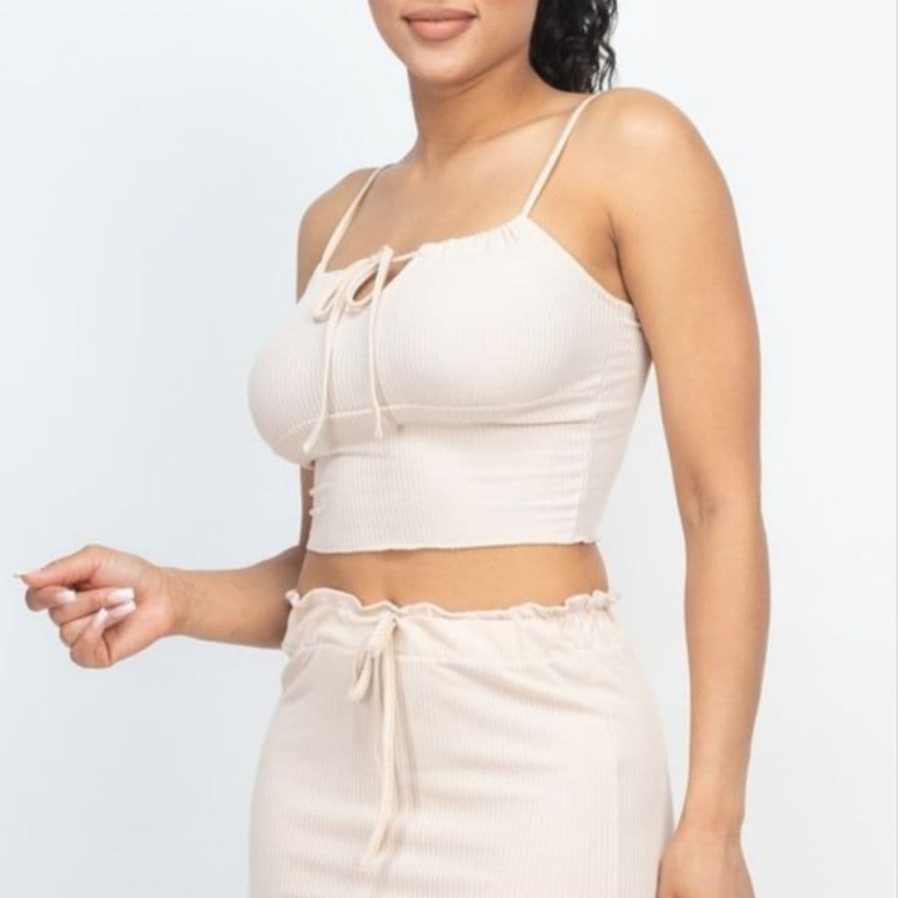 Cute Stretchy Ribbed Knit Beige 2 Piece Lounge Set Skirt with Crop Top - Thumbnail 2