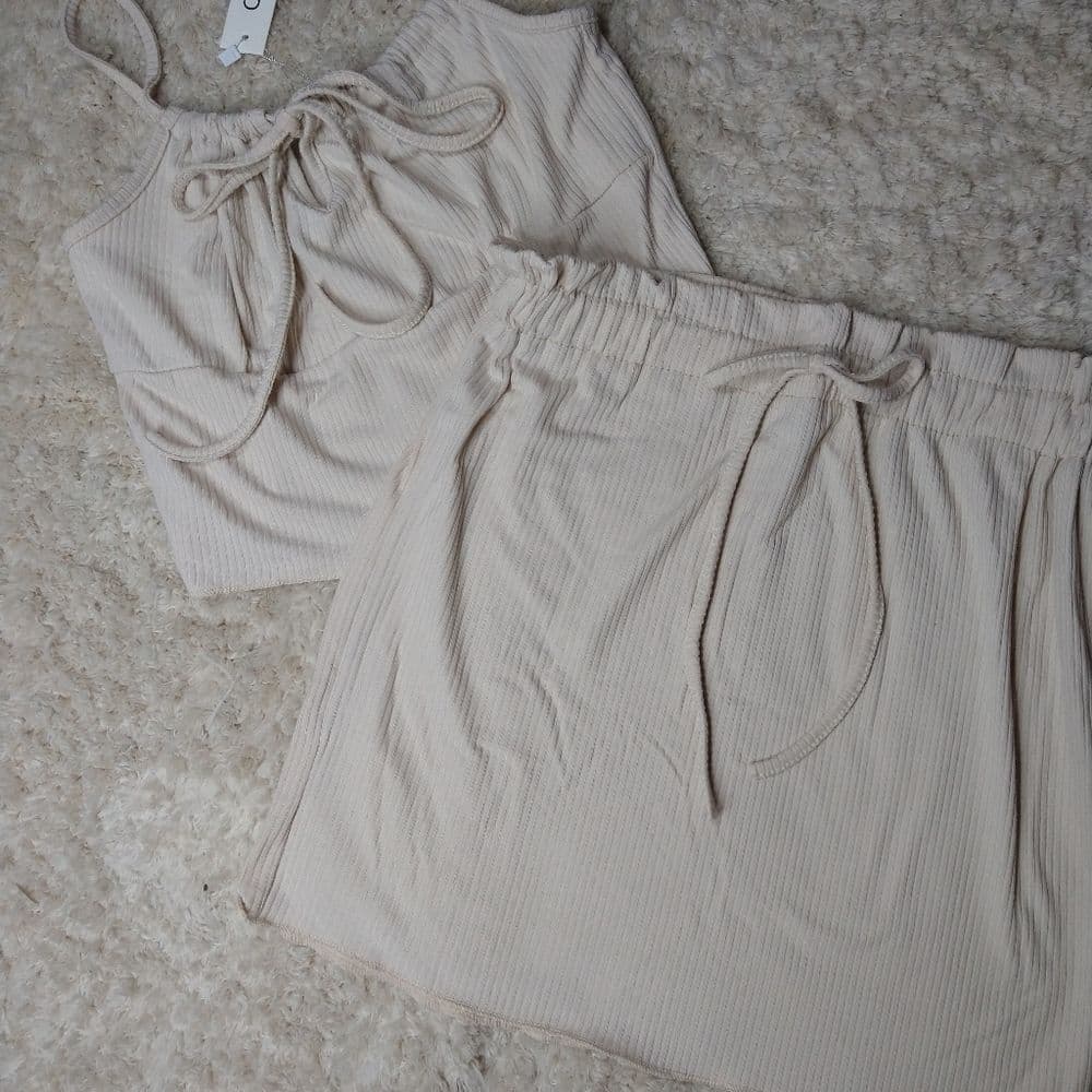 Cute Stretchy Ribbed Knit Beige 2 Piece Lounge Set Skirt with Crop Top - Thumbnail 5
