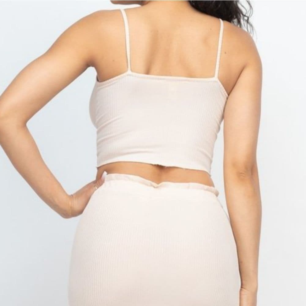 Cute Stretchy Ribbed Knit Beige 2 Piece Lounge Set Skirt with Crop Top - Thumbnail 3
