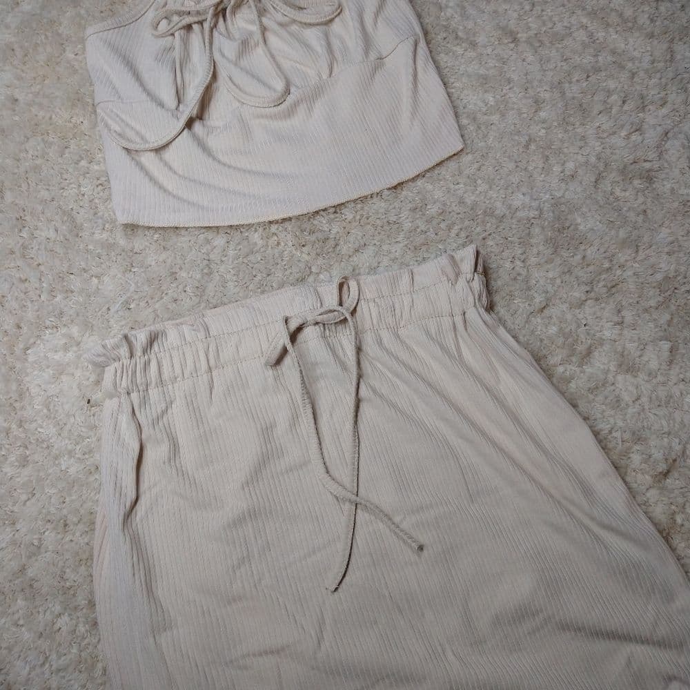 Cute Stretchy Ribbed Knit Beige 2 Piece Lounge Set Skirt with Crop Top - Thumbnail 6