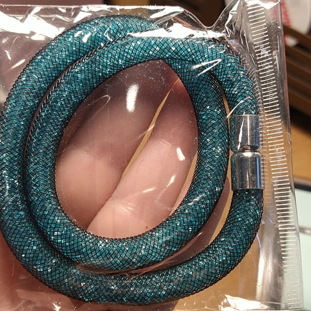15" Teal Mesh Crystal Wrap Bracelet with Magnetic Clasp - Thumbnail 3