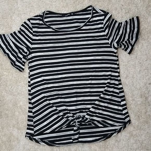 Striped Black And White Cropped Tie Waist Short Sleeve Top Annabelle - Thumbnail 7
