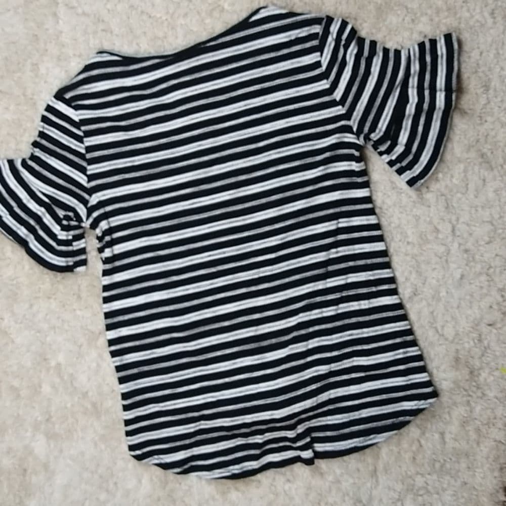 Striped Black And White Cropped Tie Waist Short Sleeve Top Annabelle - Thumbnail 4