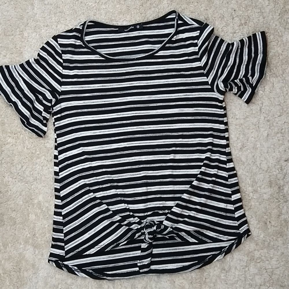 Striped Black And White Cropped Tie Waist Short Sleeve Top Annabelle - Thumbnail 6