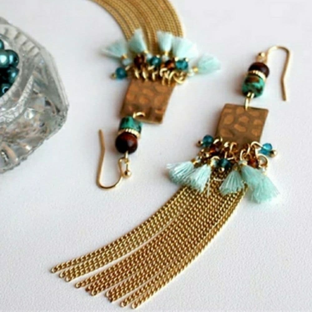 Artisan Crafted 14K Gold Chain Fringe and Howlite Dangle Earrings - Thumbnail 8