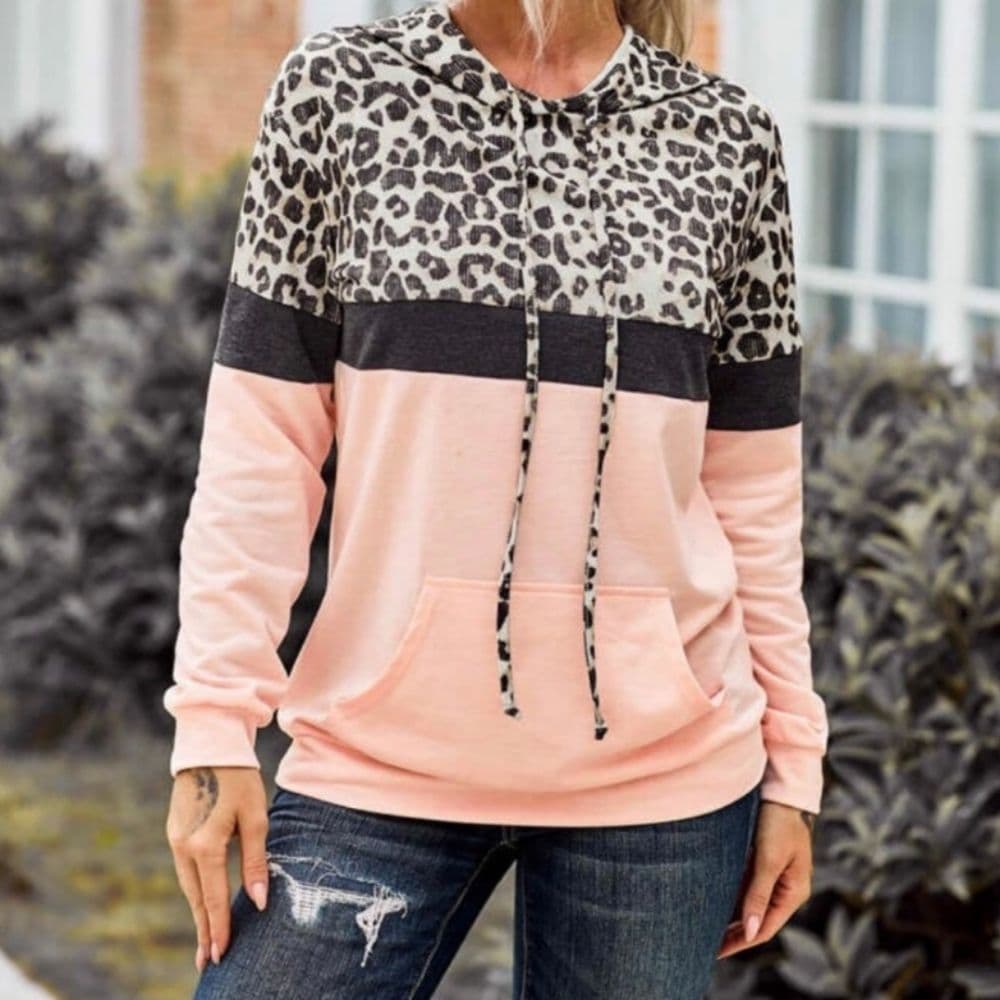 Last One. Animal Print Color Block Pink Lightweight Hoody - Thumbnail 4