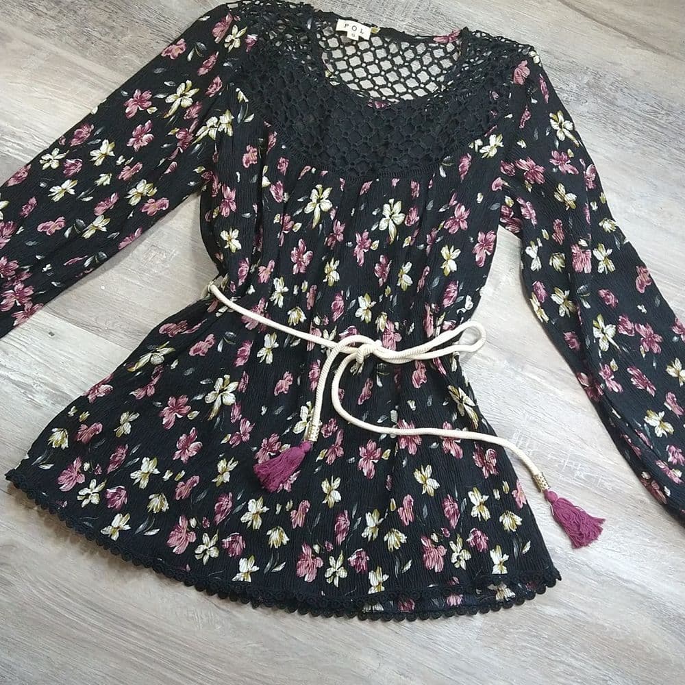 POL Loose Fit Crinkle Floral Blouse with Cord Tie Belt with Fringe - Thumbnail 7