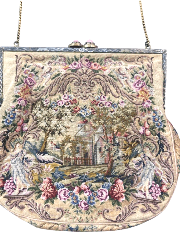 Antique Victorian Petite Point Purse - Hand Embroidered Needlework, Gold Frame and Chain with Pink Stone Detail on Clasp - Thumbnail 2