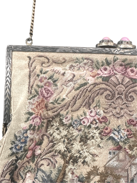 Antique Victorian Petite Point Purse - Hand Embroidered Needlework, Gold Frame and Chain with Pink Stone Detail on Clasp - Thumbnail 5