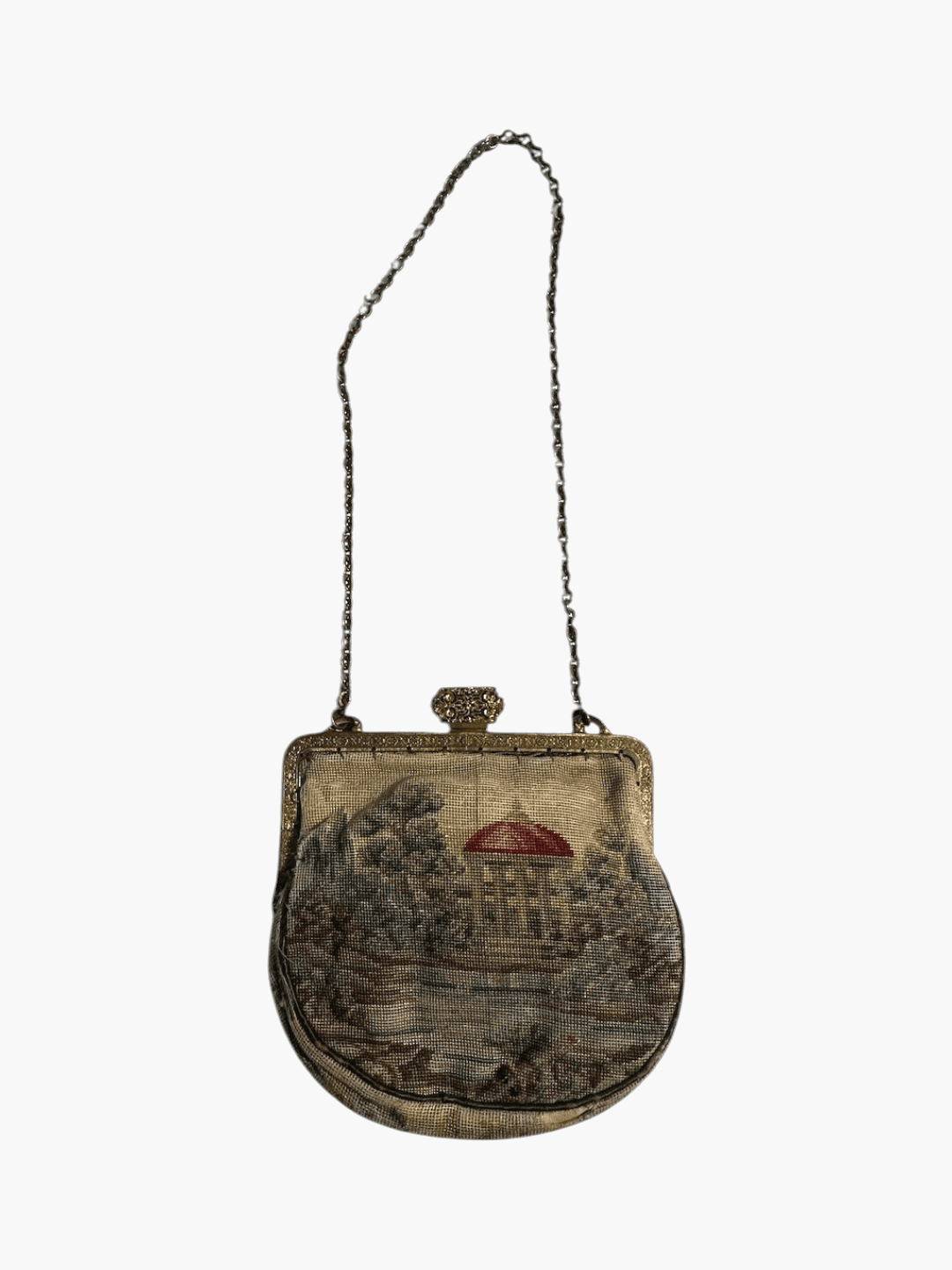 Antique 1920s Tapestry French Petit Point Evening Bag Featuring an Ornate Clasp and 7" Chain Strap - Thumbnail 2