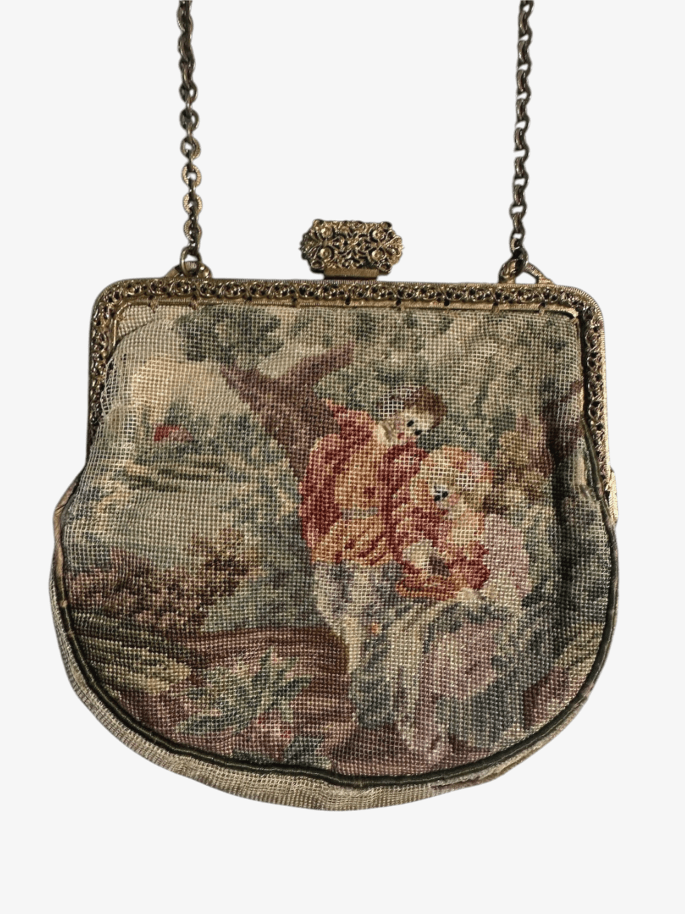 Antique 1920s Tapestry French Petit Point Evening Bag Featuring an Ornate Clasp and 7" Chain Strap - Thumbnail 3