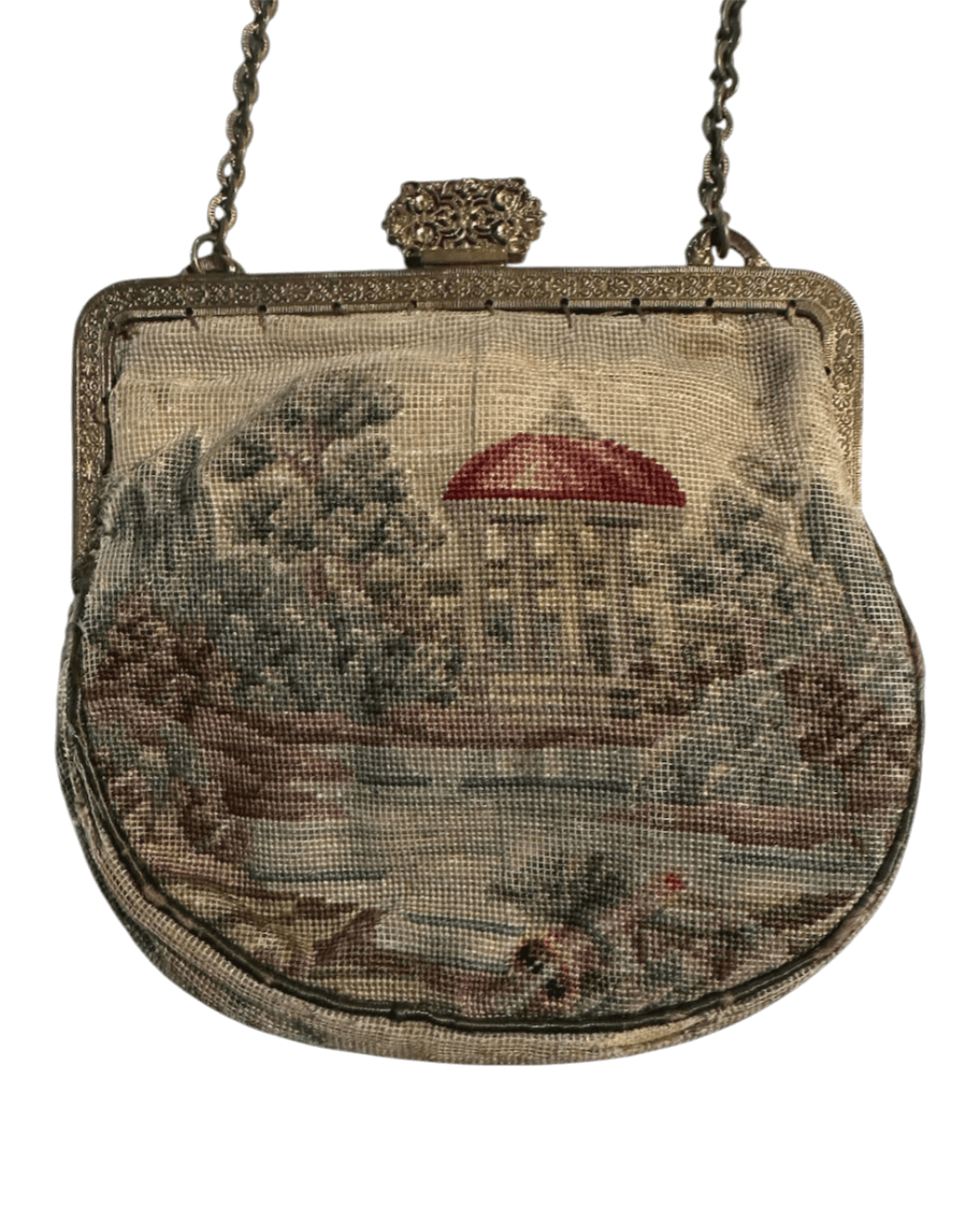 Antique 1920s Tapestry French Petit Point Evening Bag Featuring an Ornate Clasp and 7" Chain Strap - Thumbnail 4