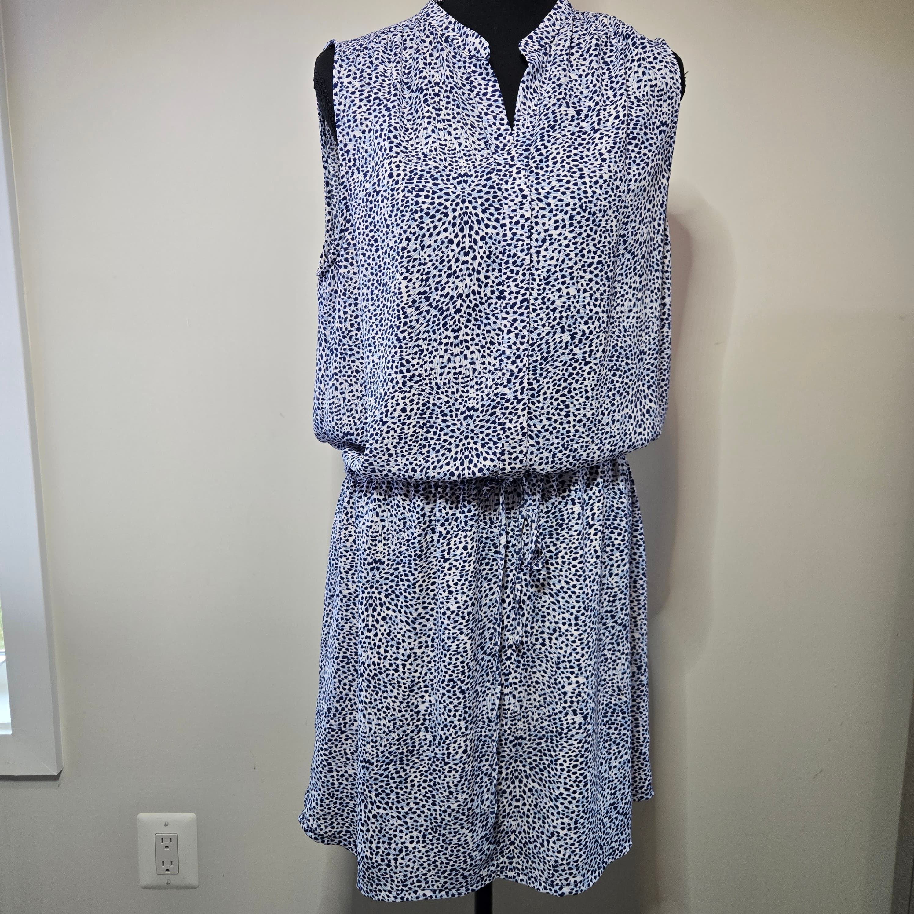 Blue and White Sleeveless Dress with Drawstring Waist