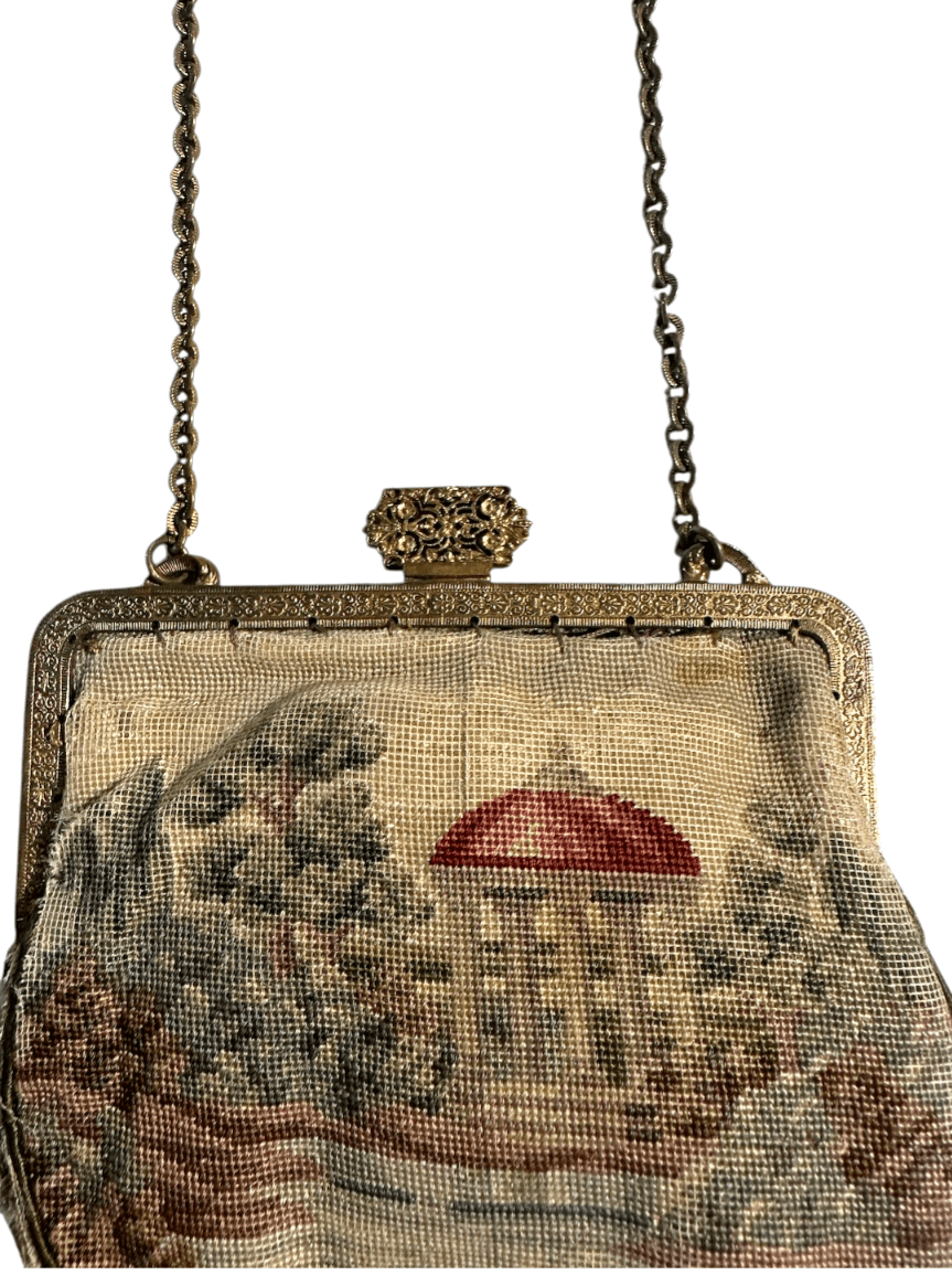 Antique 1920s Tapestry French Petit Point Evening Bag Featuring an Ornate Clasp and 7" Chain Strap - Thumbnail 5