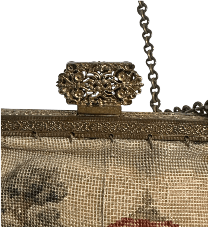 Antique 1920s Tapestry French Petit Point Evening Bag Featuring an Ornate Clasp and 7" Chain Strap - Thumbnail 6