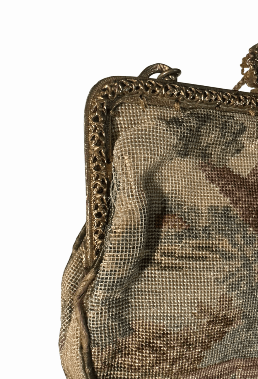 Antique 1920s Tapestry French Petit Point Evening Bag Featuring an Ornate Clasp and 7" Chain Strap - Thumbnail 8