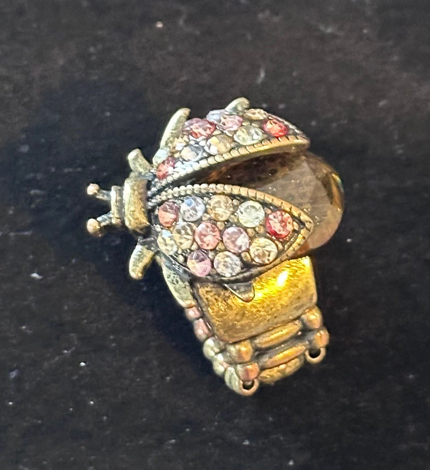 Women Rusty Gold Fashion Ring Metal Elastic Band Lady Bug Beetle Insect Jewelry - Thumbnail 3