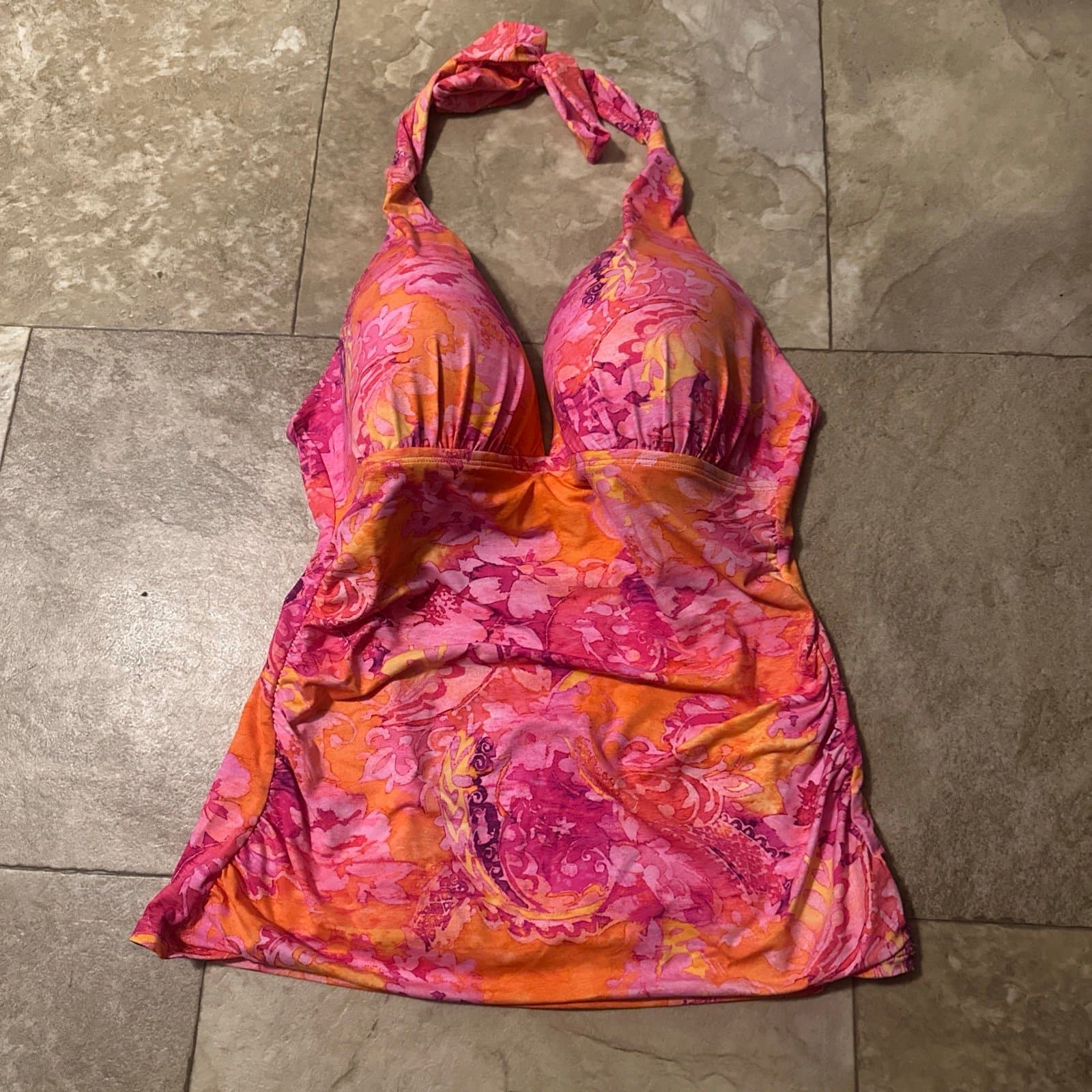 Polo Ralph Lauren Floral Batik Halter Swim Tankini Swimsuit Top Pink Sz. 10