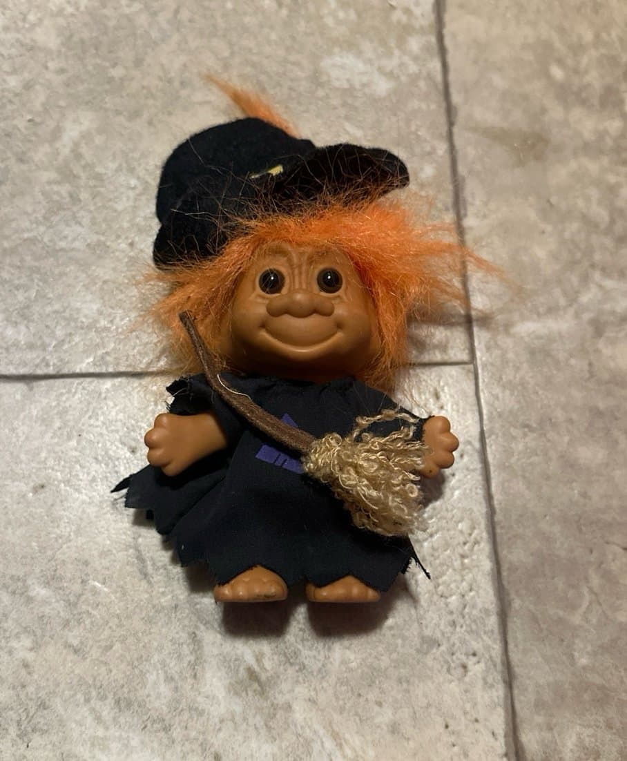 Russ Berrie Halloween Witch Troll Doll Orange Hair 5" Broomstick 25503