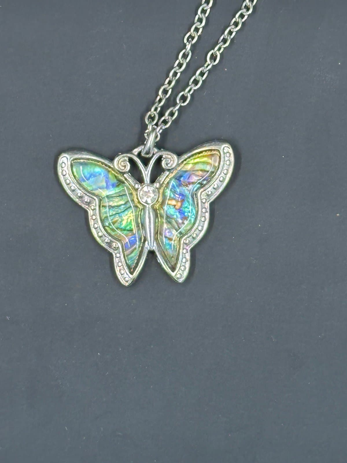 Blue Green Silver Luminous Butterfly Necklace for Women, 18”