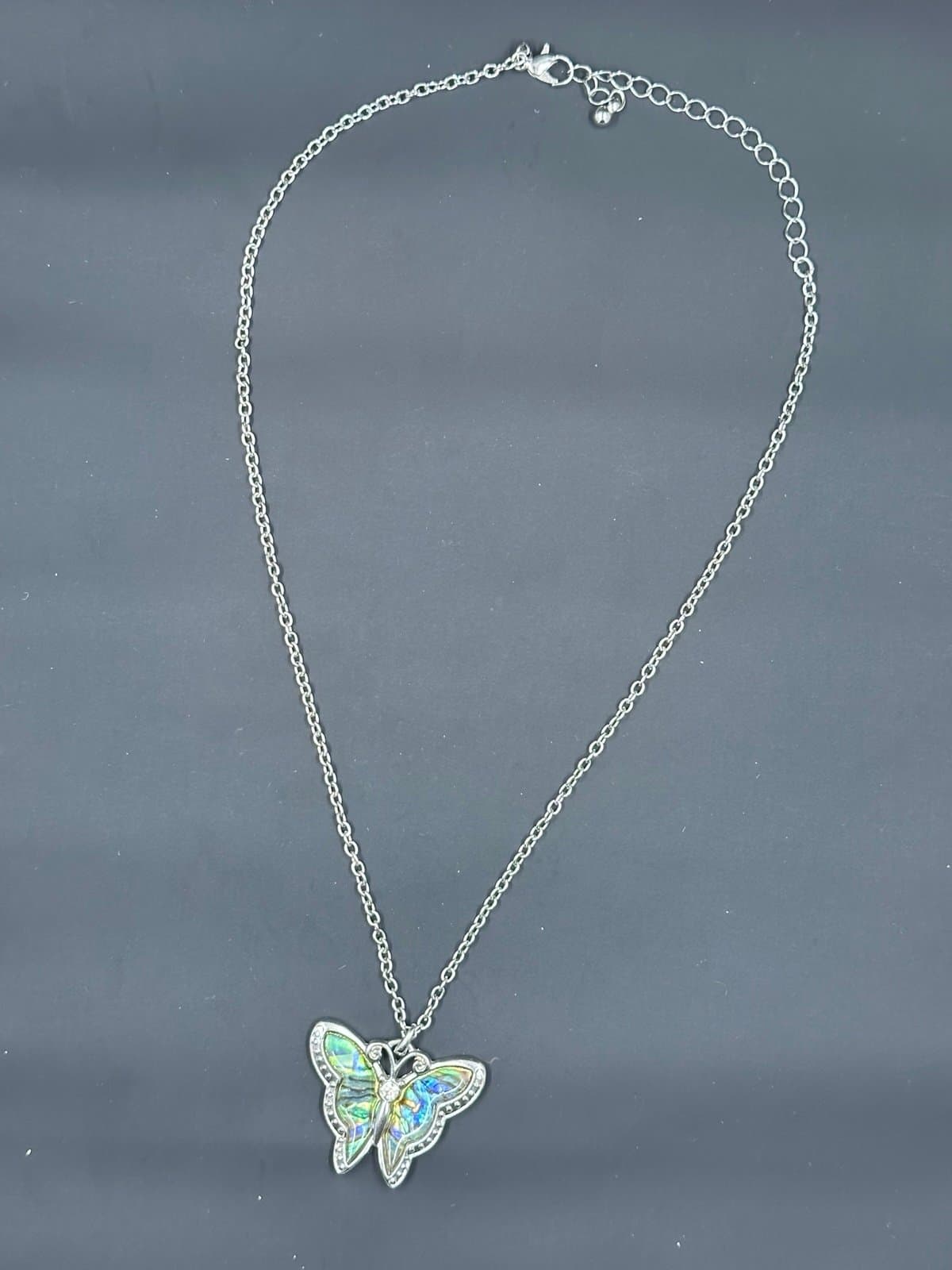 Blue Green Silver Luminous Butterfly Necklace for Women, 18” - Thumbnail 2