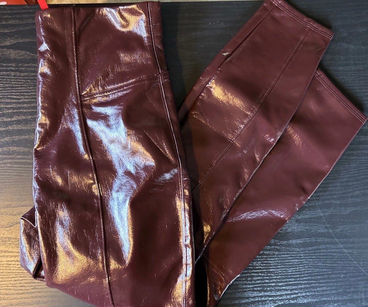 Spanx Pants Womens Medium Burgundy Faux Leather High Rise Skinny Leggings Shiny